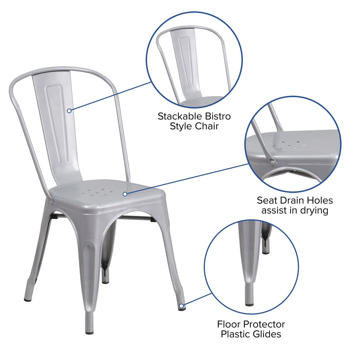 Silver |#| 31.5" Square Silver Metal Indoor-Outdoor Table Set with 4 Stack Chairs