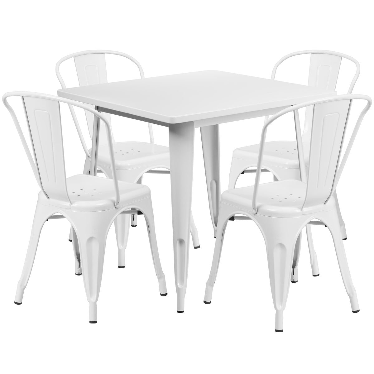 White |#| 31.5" Square White Metal Indoor-Outdoor Table Set with 4 Stack Chairs