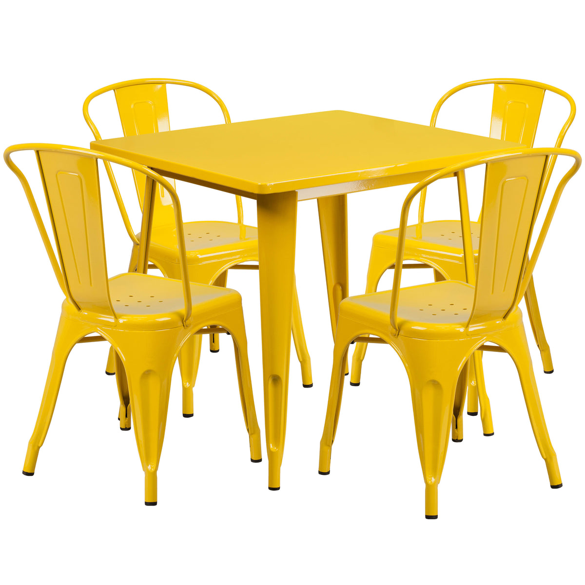 Yellow |#| 31.5" Square Yellow Metal Indoor-Outdoor Table Set with 4 Stack Chairs