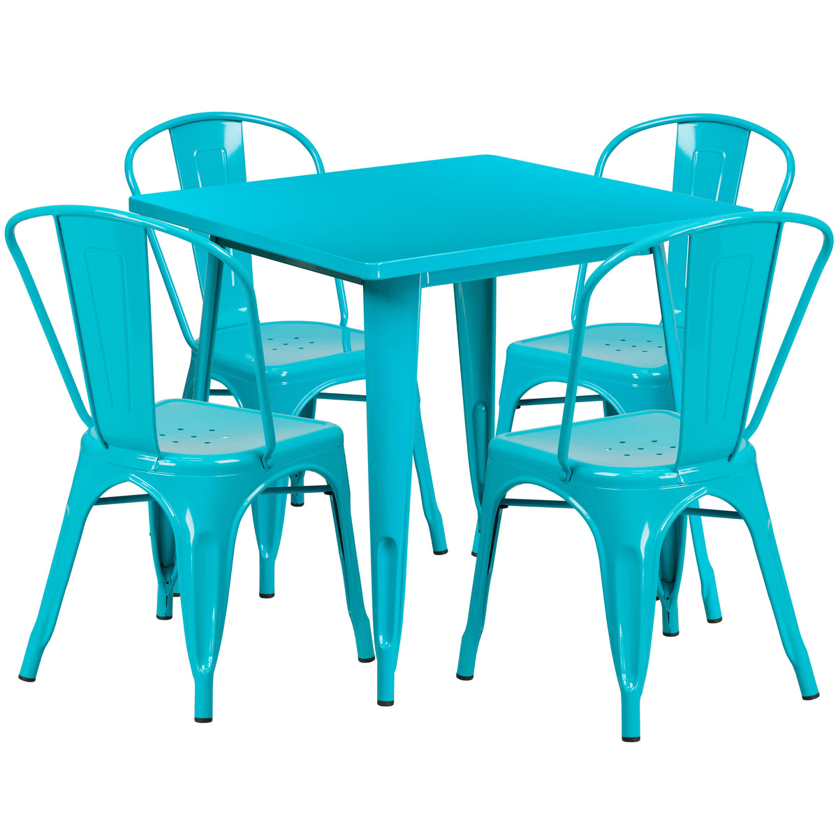 Crystal Teal-Blue |#| 31.5" Square Crystal Teal-Blue Metal Indoor-Outdoor Table Set w/ 4 Stack Chairs