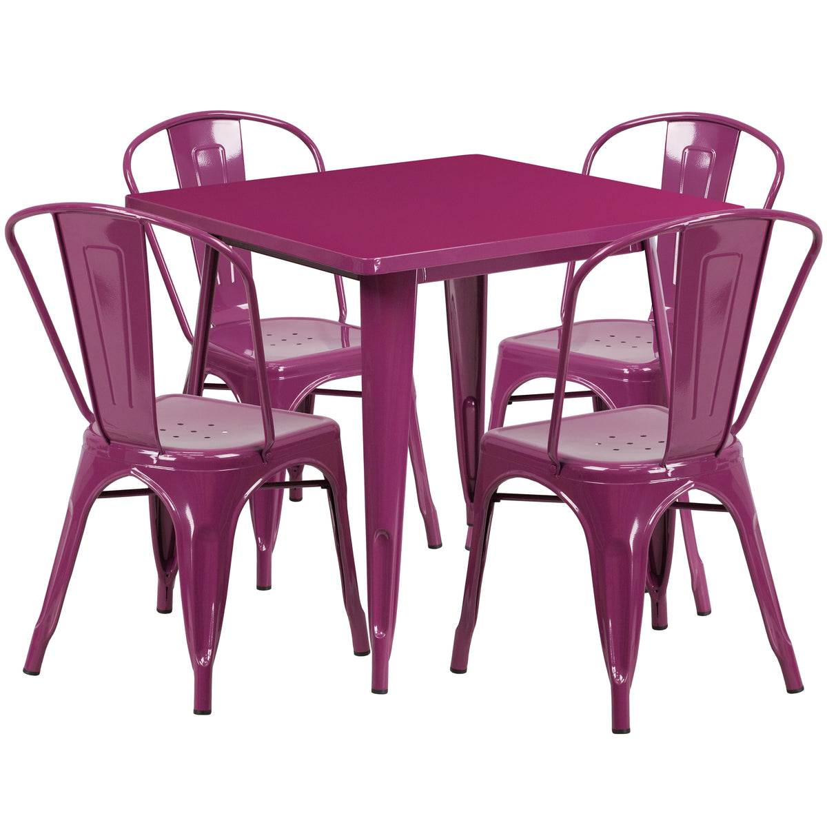 Purple |#| 31.5" Square Purple Metal Indoor-Outdoor Table Set with 4 Stack Chairs