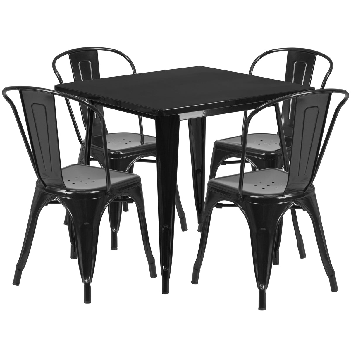 Black |#| 31.5" Square Black Metal Indoor-Outdoor Table Set with 4 Stack Chairs