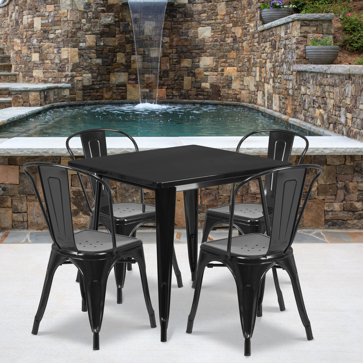 Black |#| 31.5" Square Black Metal Indoor-Outdoor Table Set with 4 Stack Chairs