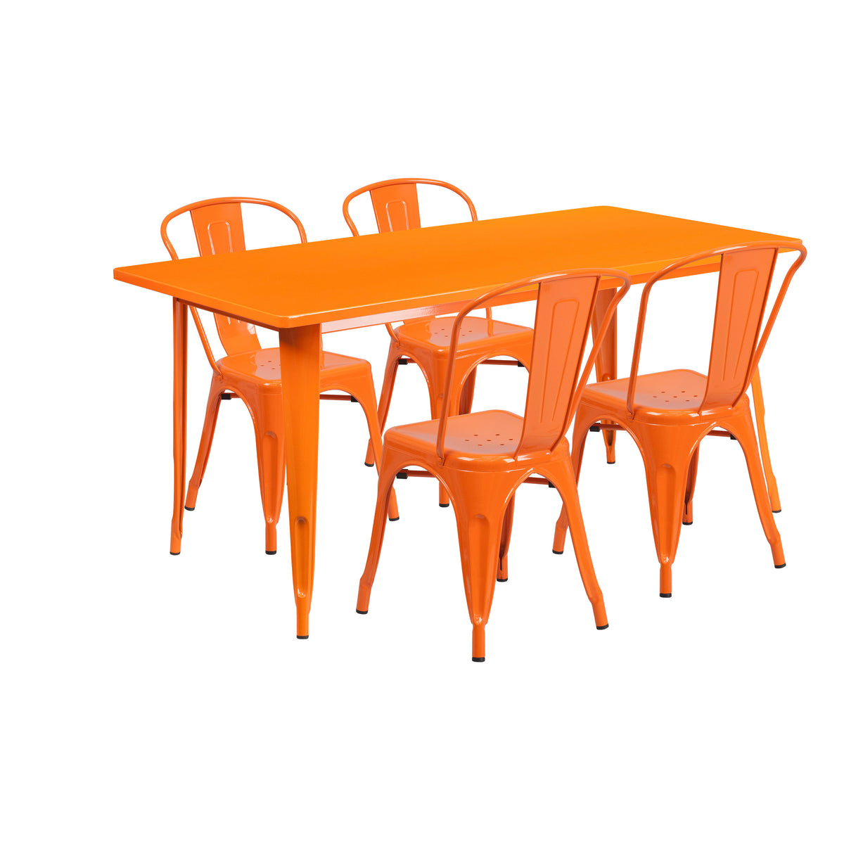 Orange |#| 31.5" x 63" Rectangular Orange Metal Indoor-Outdoor Table Set w/ 4 Stack Chairs