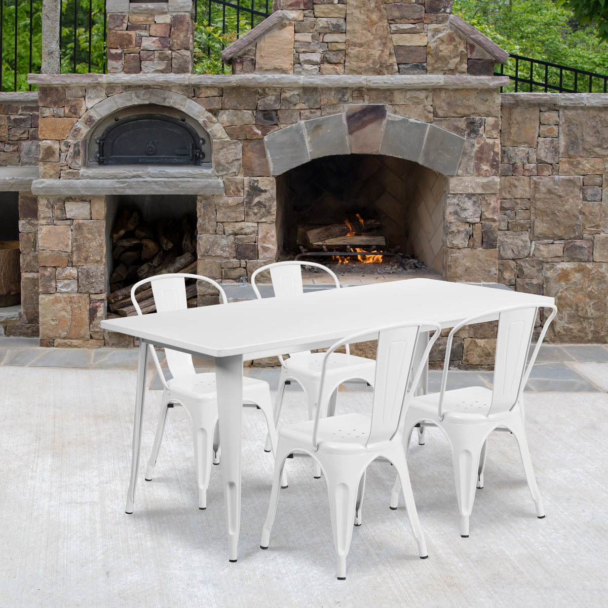 White |#| 31.5" x 63" Rectangular White Metal Indoor-Outdoor Table Set w/ 4 Stack Chairs