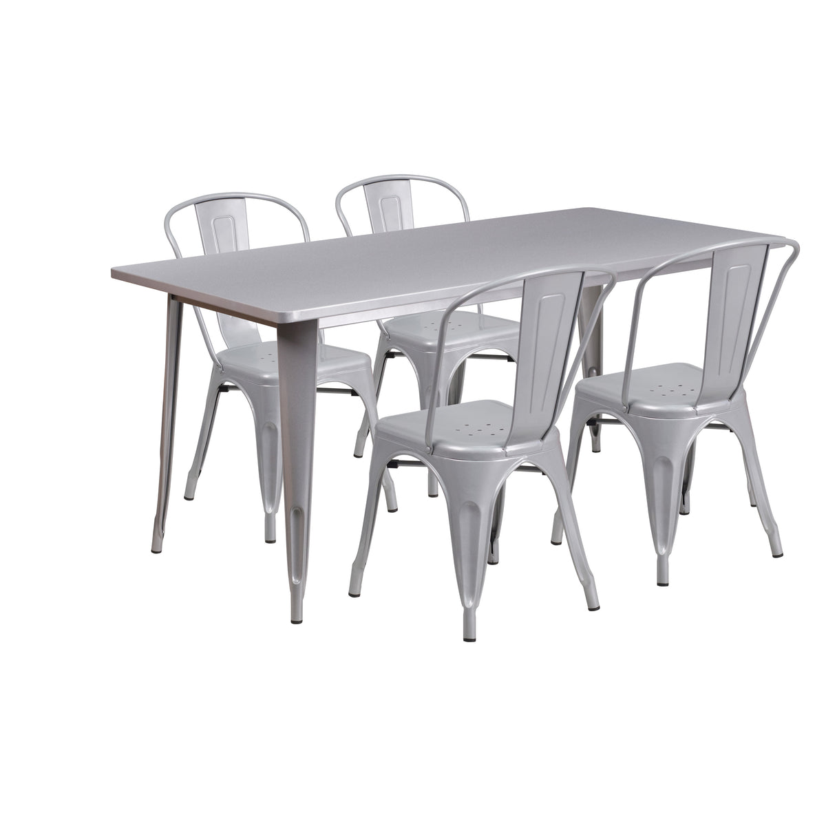 Silver |#| 31.5" x 63" Rectangular Silver Metal Indoor-Outdoor Table Set w/ 4 Stack Chairs