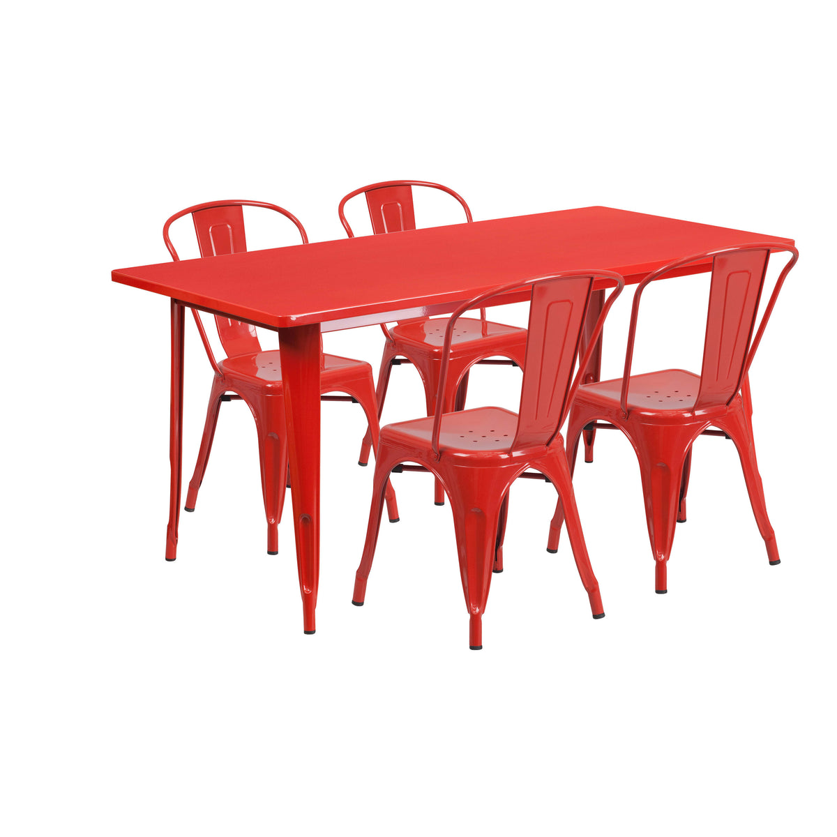 Red |#| 31.5" x 63" Rectangular Red Metal Indoor-Outdoor Table Set with 4 Stack Chairs