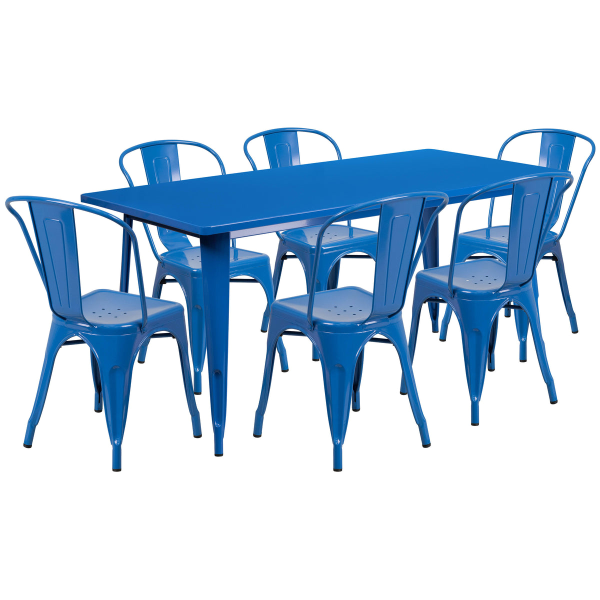 Blue |#| 31.5'" x 63" Rectangular Blue Metal Indoor-Outdoor Table Set with 6 Stack Chairs