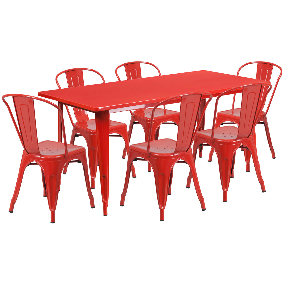 Red |#| 31.5" x 63" Rectangular Red Metal Indoor-Outdoor Table Set with 6 Stack Chairs