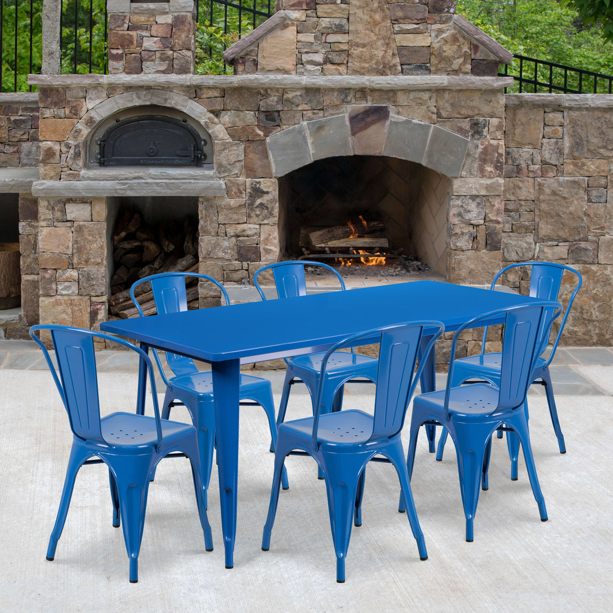 Blue |#| 31.5'" x 63" Rectangular Blue Metal Indoor-Outdoor Table Set with 6 Stack Chairs