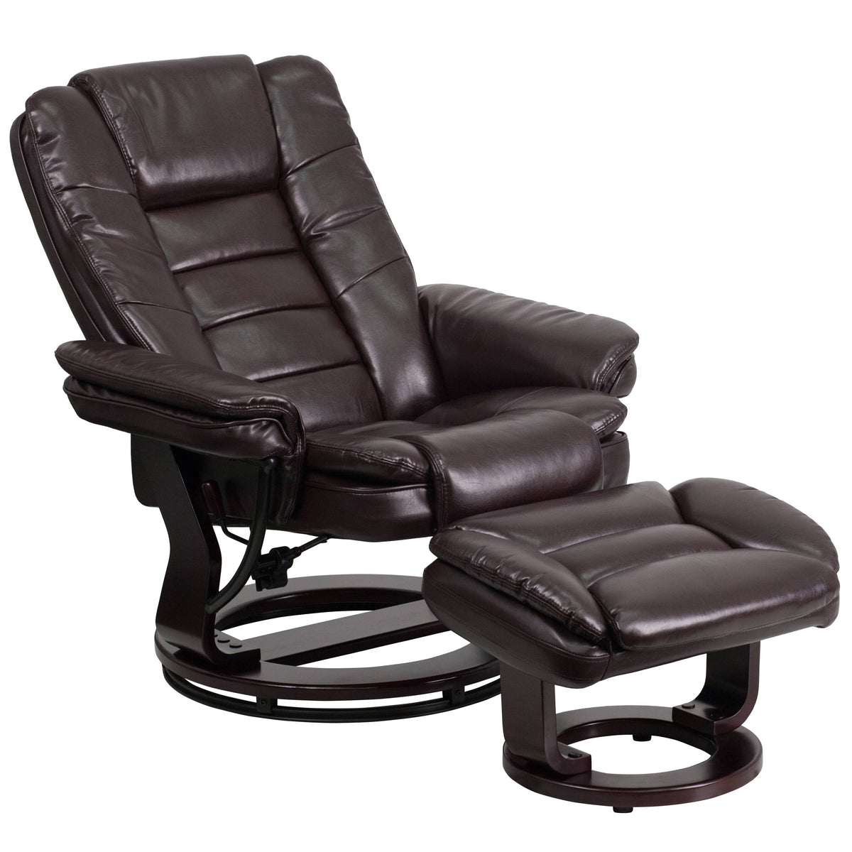 Brown |#| Brown LeatherSoft Multi-Position Recliner &Ottoman w/Swivel Mahogany Wood Base