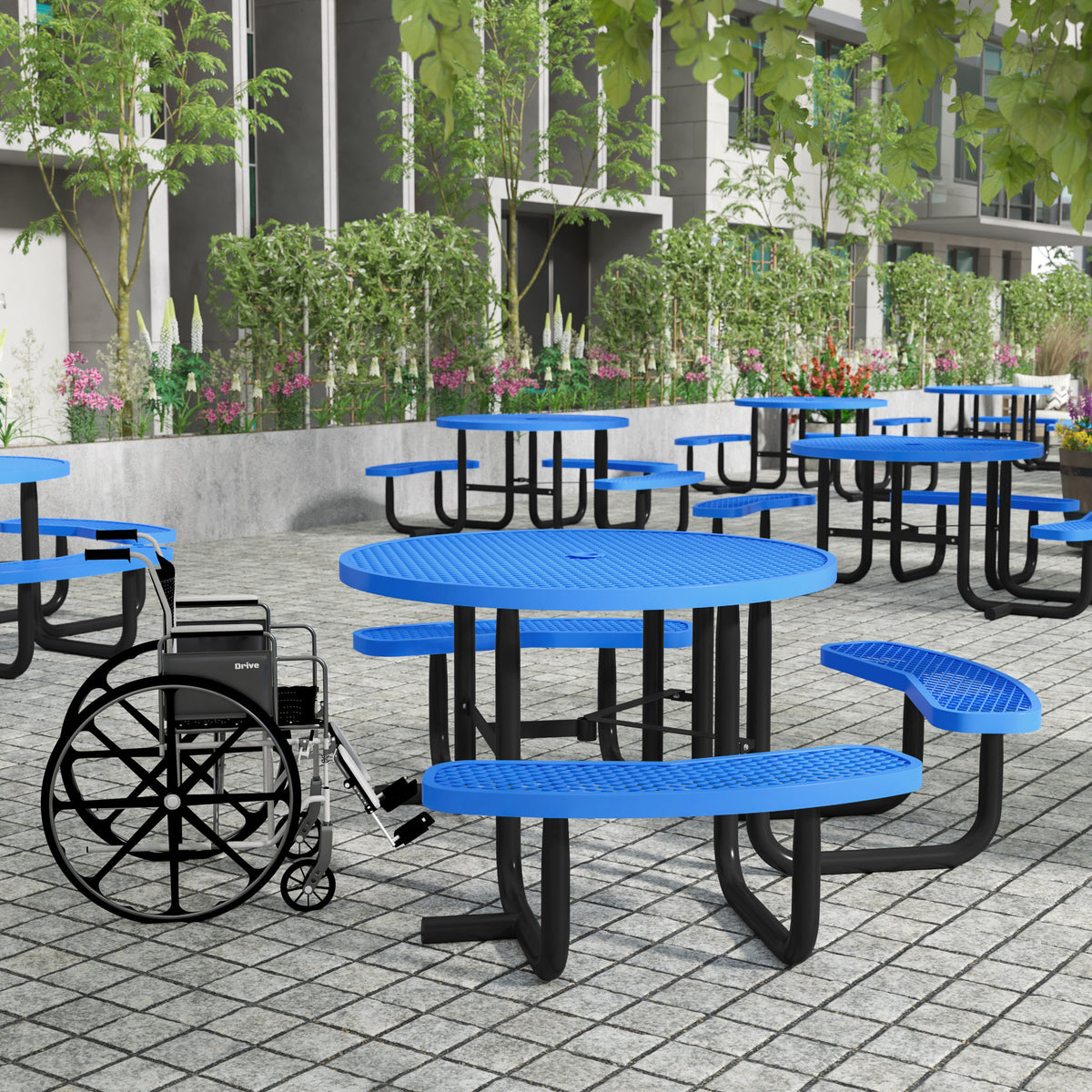 Blue |#| 46" Round Wheelchair Accessible Metal Picnic Table with Ground Anchors - Blue