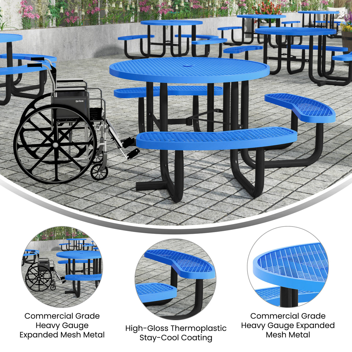 Blue |#| 46" Round Wheelchair Accessible Metal Picnic Table with Ground Anchors - Blue