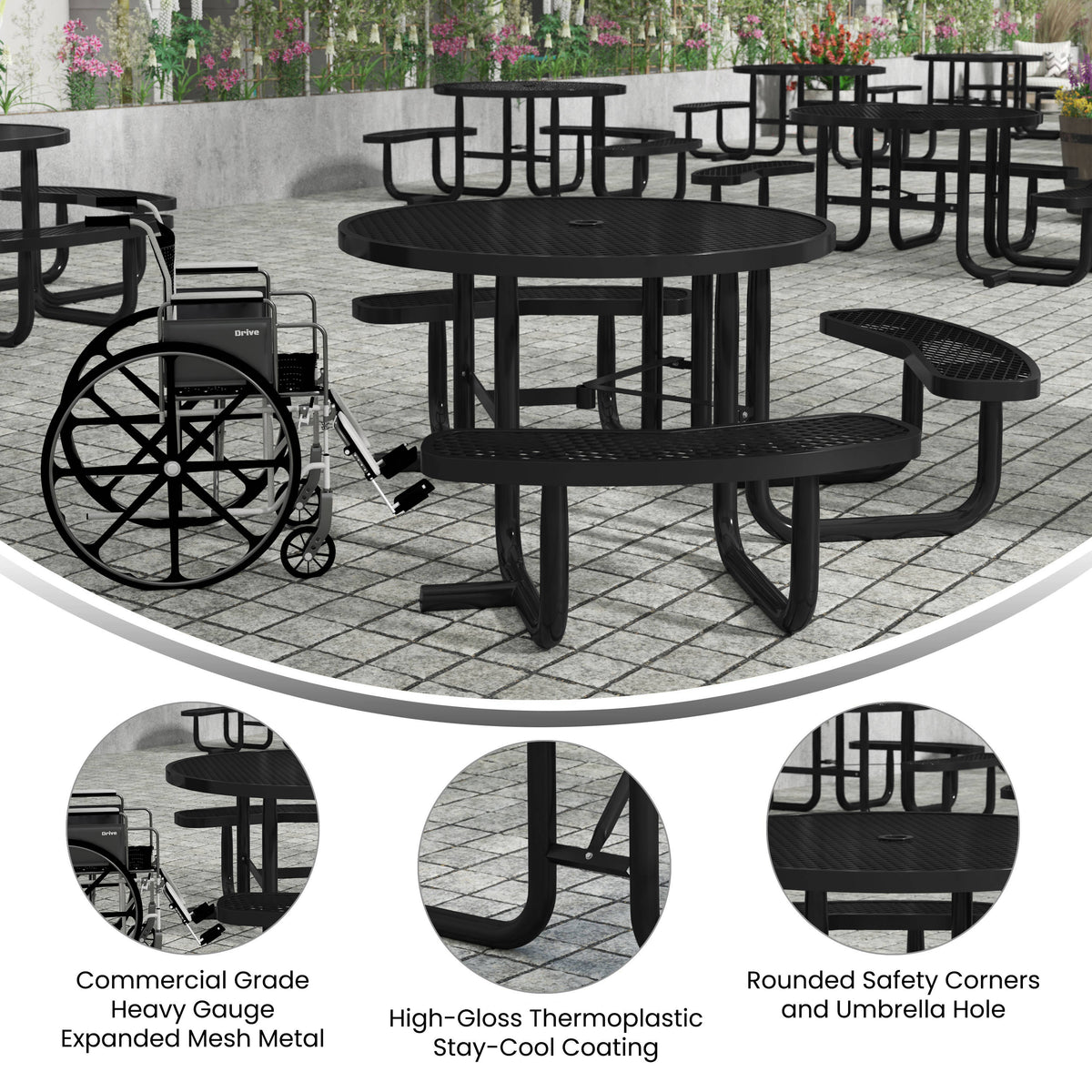 Black |#| 46" Round Wheelchair Accessible Metal Picnic Table with Ground Anchors - Black