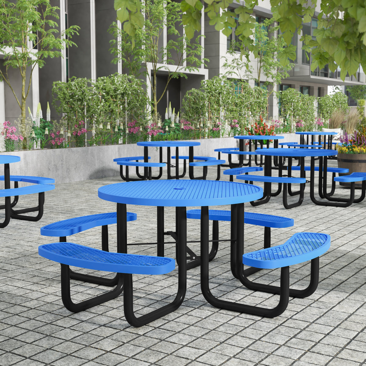 Blue |#| Commercial Grade 46 Inch Round Expanded Mesh Metal Outdoor Picnic Table - Blue