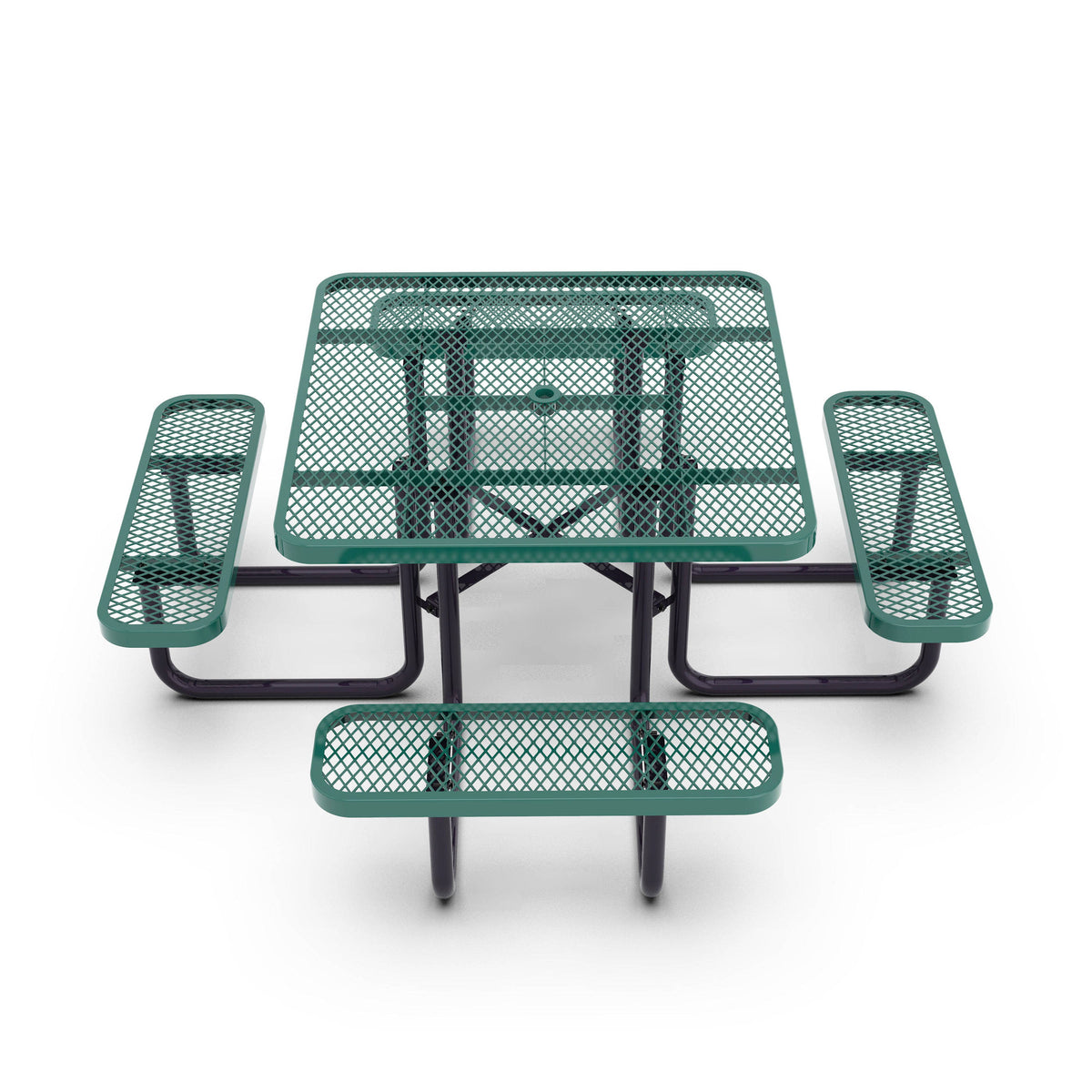Green |#| Commercial 46 Inch Square Expanded Mesh Metal Picnic Table with Anchors - Green