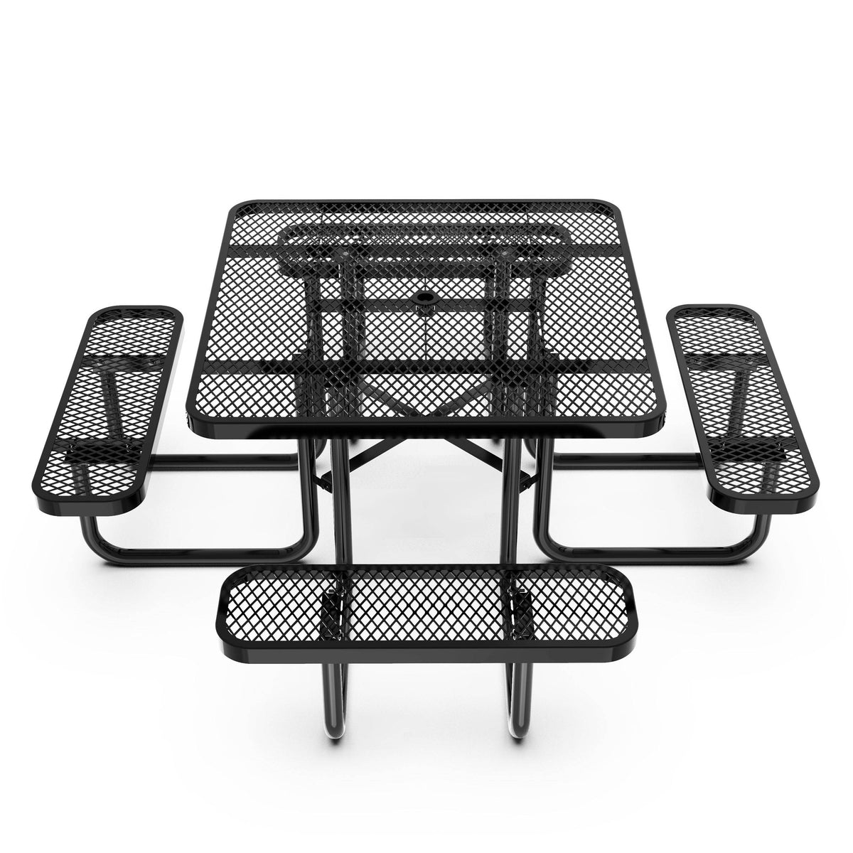 Black |#| Commercial 46 Inch Square Expanded Mesh Metal Picnic Table with Anchors - Black
