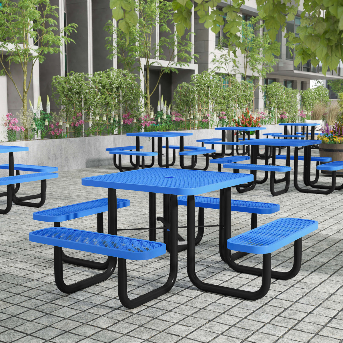 Blue |#| Commercial 46" Square Mesh Metal Outdoor Picnic Table with Ground Anchors - Blue