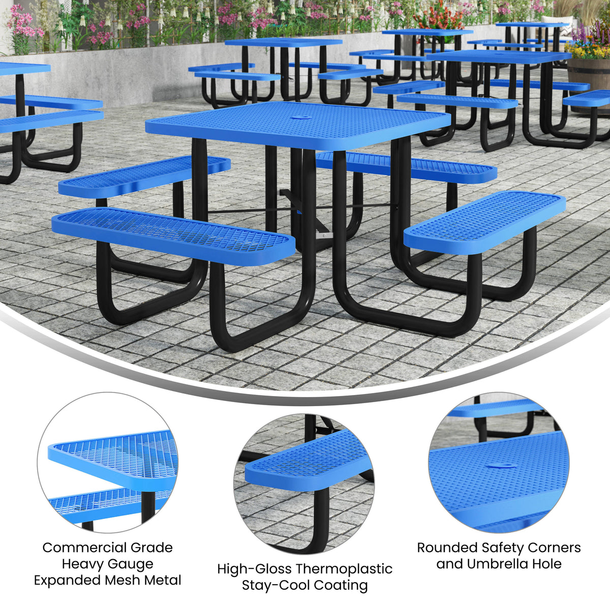 Blue |#| Commercial 46" Square Mesh Metal Outdoor Picnic Table with Ground Anchors - Blue
