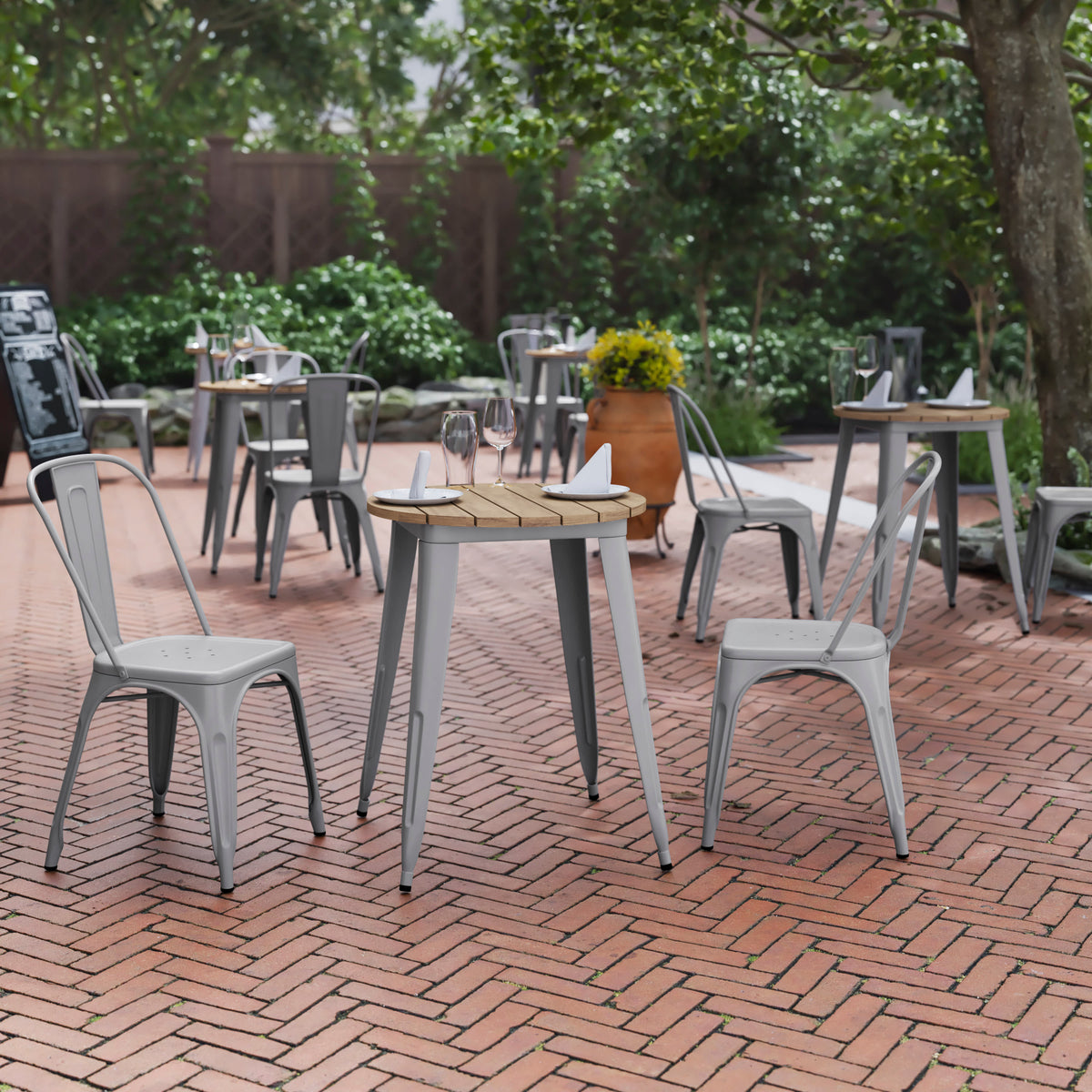 Brown Top/Silver Frame |#| 23.75" RD Commercial Poly Resin Restaurant Table with Steel Frame-Brown/Silver