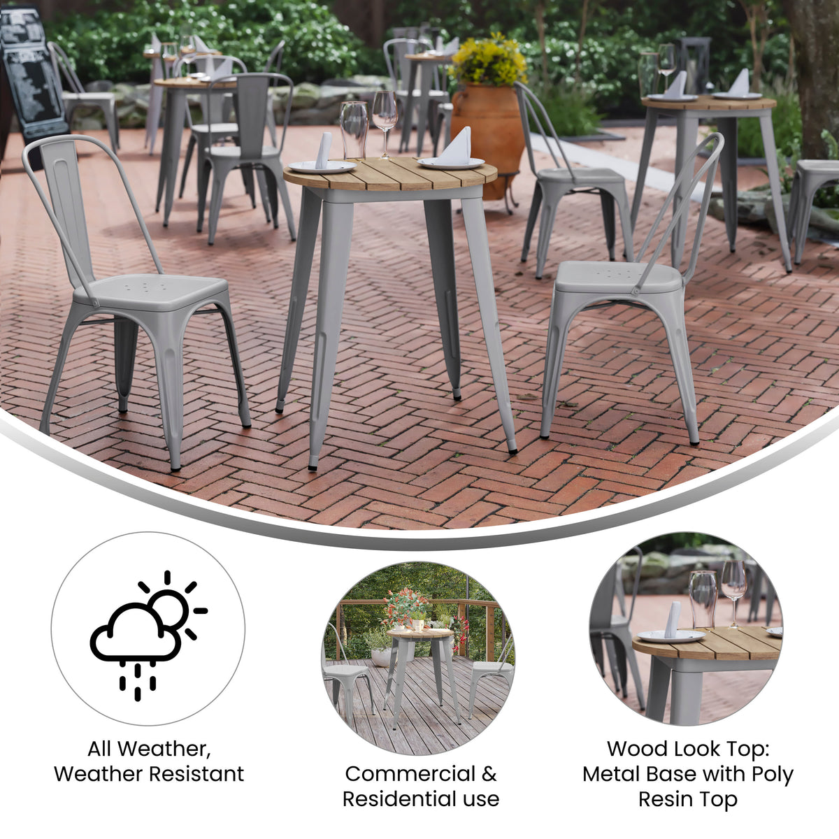 Brown Top/Silver Frame |#| 23.75" RD Commercial Poly Resin Restaurant Table with Steel Frame-Brown/Silver