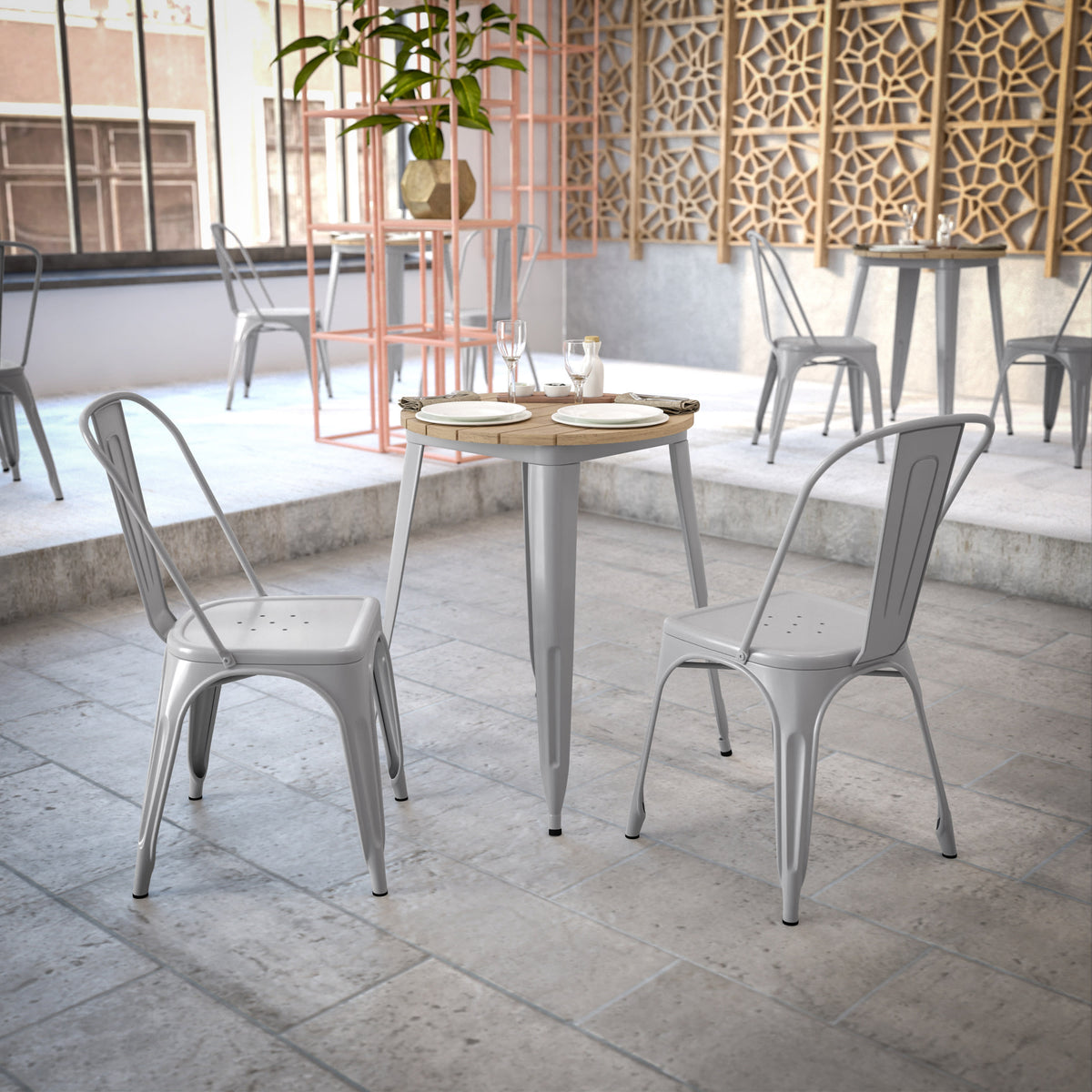 Brown Top/Silver Frame |#| 23.75" RD Commercial Poly Resin Restaurant Table with Steel Frame-Brown/Silver