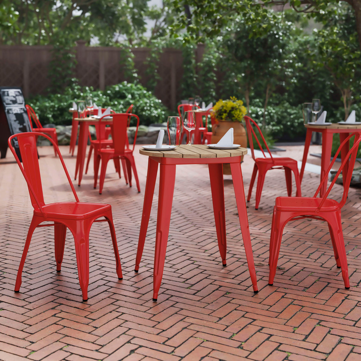 Brown Top/Red Frame |#| 23.75" RD Commercial Poly Resin Restaurant Table with Steel Frame-Brown/Red
