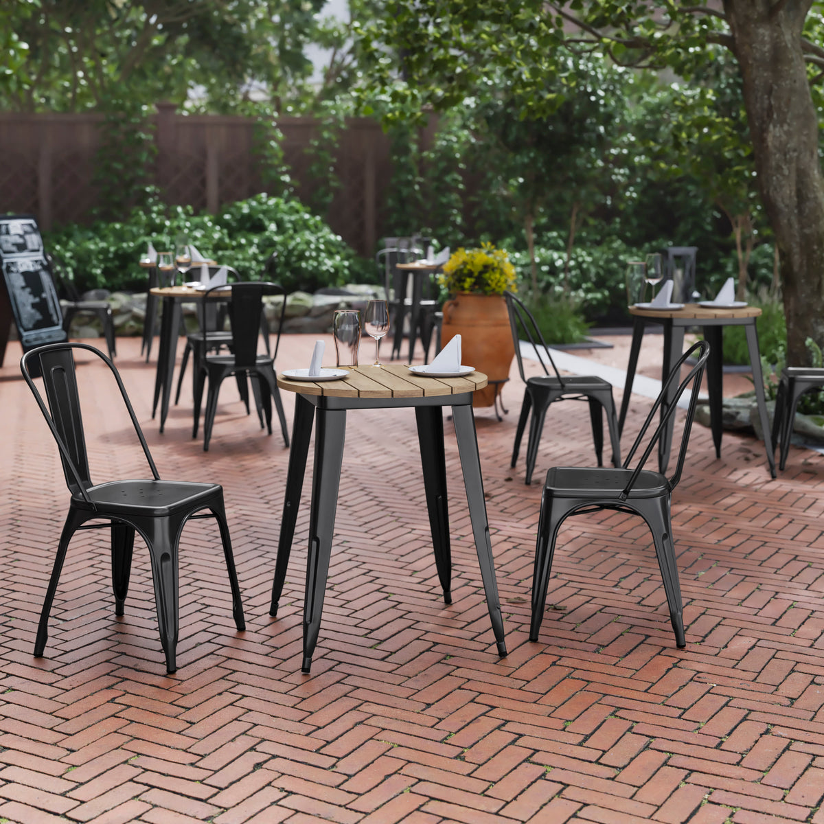 Brown Top/Black Frame |#| 23.75" RD Commercial Poly Resin Restaurant Table with Steel Frame-Brown/Black