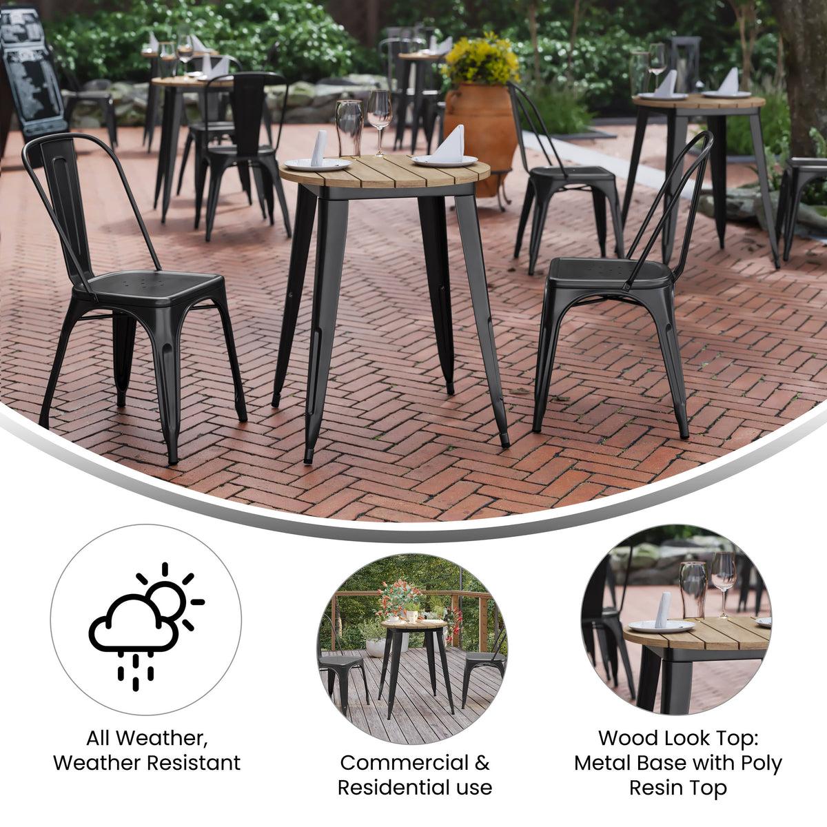 Brown Top/Black Frame |#| 23.75" RD Commercial Poly Resin Restaurant Table with Steel Frame-Brown/Black