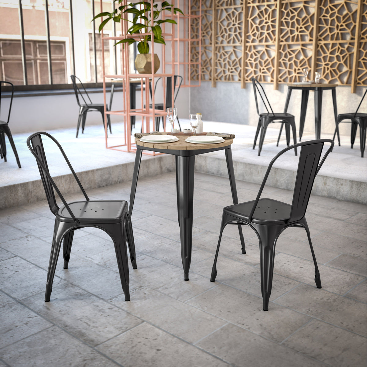Brown Top/Black Frame |#| 23.75" RD Commercial Poly Resin Restaurant Table with Steel Frame-Brown/Black