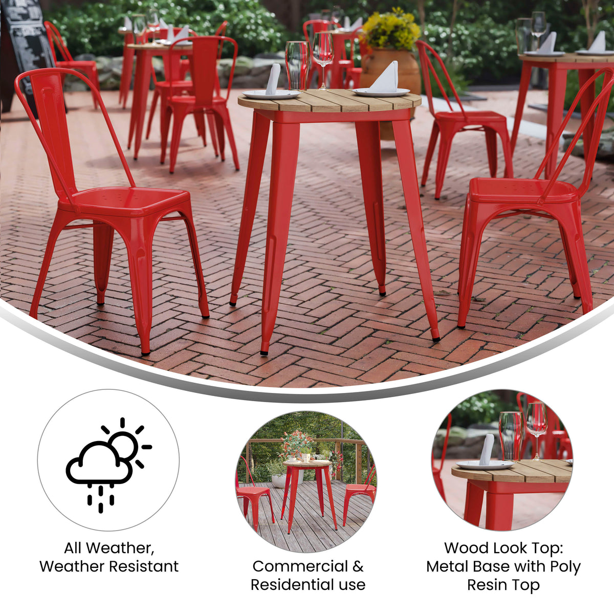 Brown Top/Red Frame |#| 23.75" RD Commercial Poly Resin Restaurant Table with Steel Frame-Brown/Red