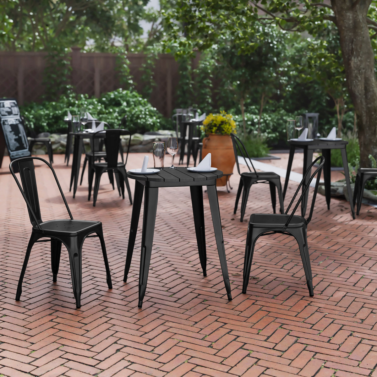 Black Top/Black Frame |#| 23.75" RD Commercial Poly Resin Restaurant Table with Steel Frame-Black/Black