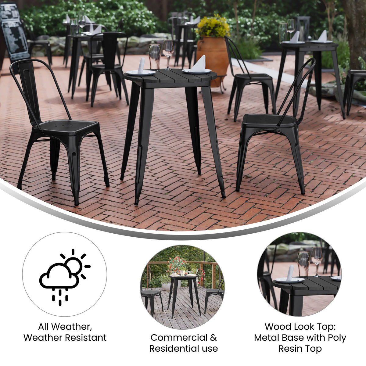 Black Top/Black Frame |#| 23.75" RD Commercial Poly Resin Restaurant Table with Steel Frame-Black/Black