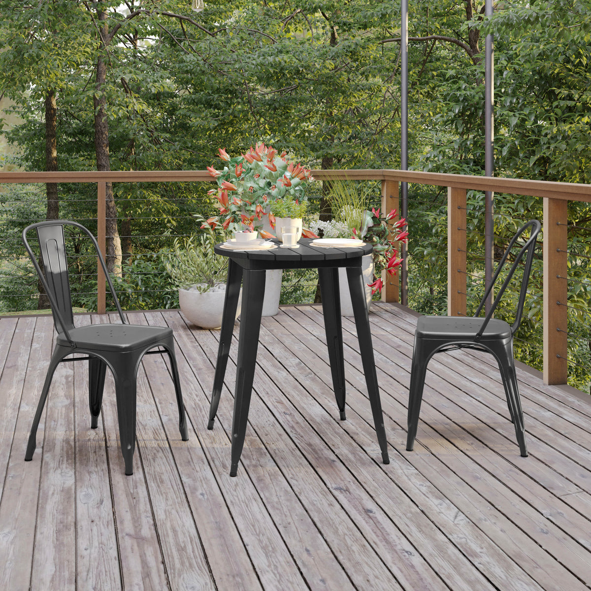 Black Top/Black Frame |#| 23.75" RD Commercial Poly Resin Restaurant Table with Steel Frame-Black/Black