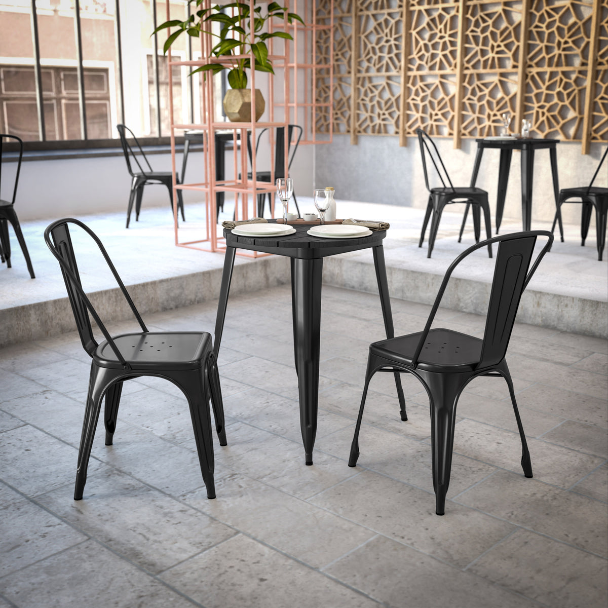 Black Top/Black Frame |#| 23.75" RD Commercial Poly Resin Restaurant Table with Steel Frame-Black/Black