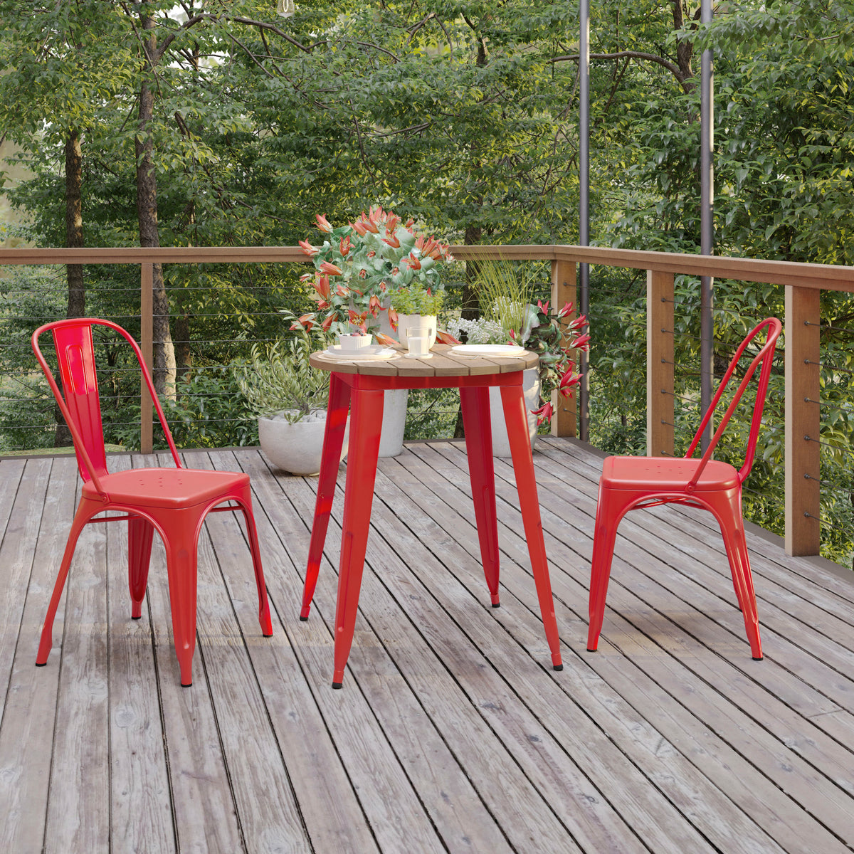 Brown Top/Red Frame |#| 23.75" RD Commercial Poly Resin Restaurant Table with Steel Frame-Brown/Red