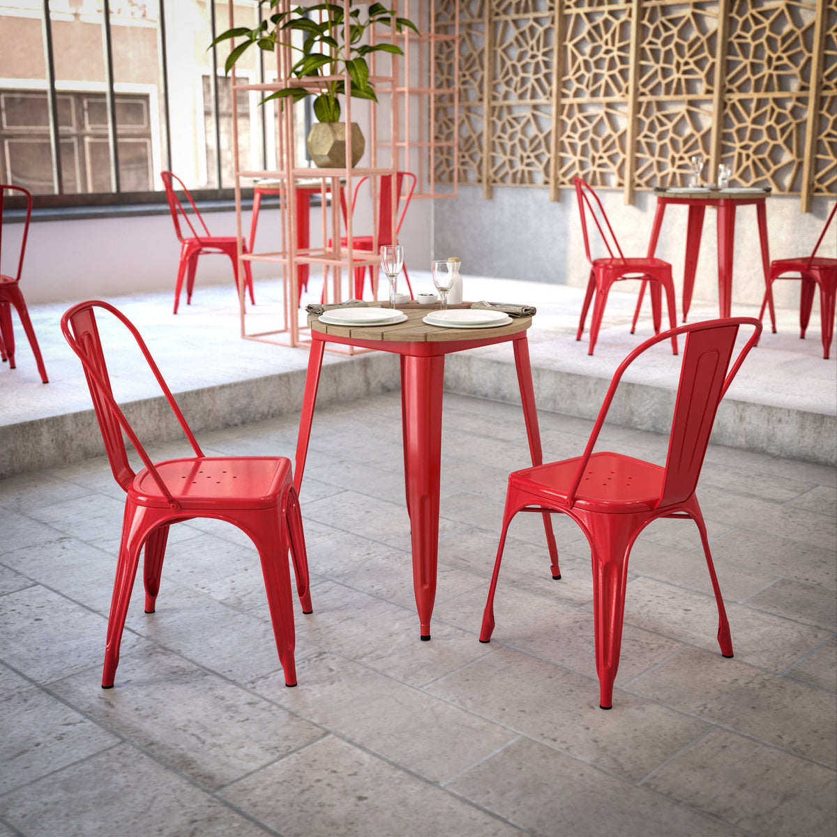 Brown Top/Red Frame |#| 23.75" RD Commercial Poly Resin Restaurant Table with Steel Frame-Brown/Red