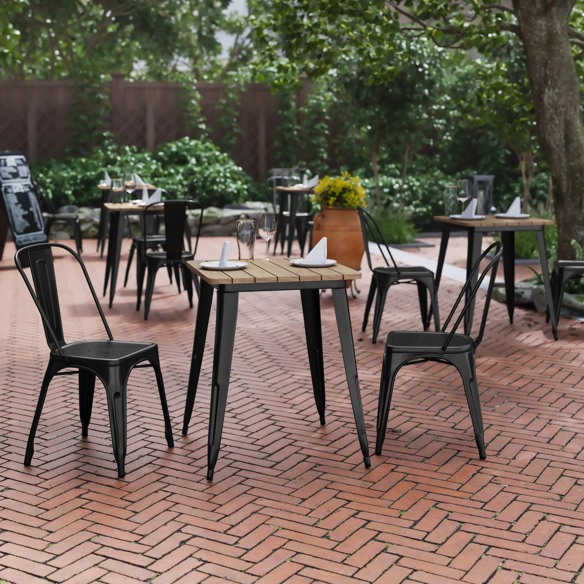 Brown Top/Black Frame |#| 23.75" SQ Commercial Poly Resin Restaurant Table with Steel Frame-Brown/Black