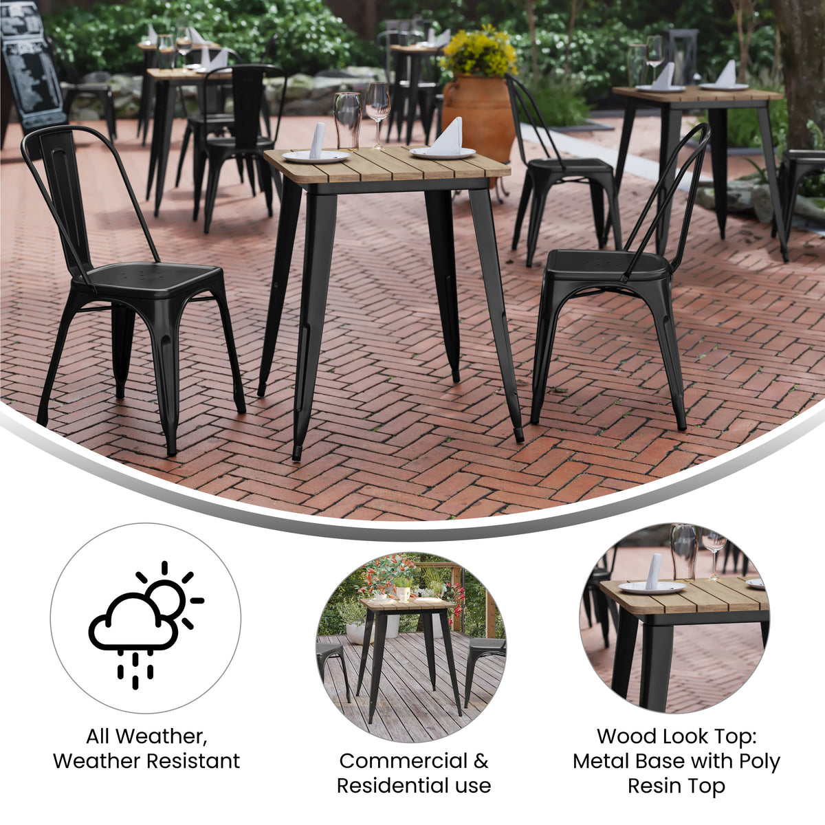 Brown Top/Black Frame |#| 23.75" SQ Commercial Poly Resin Restaurant Table with Steel Frame-Brown/Black