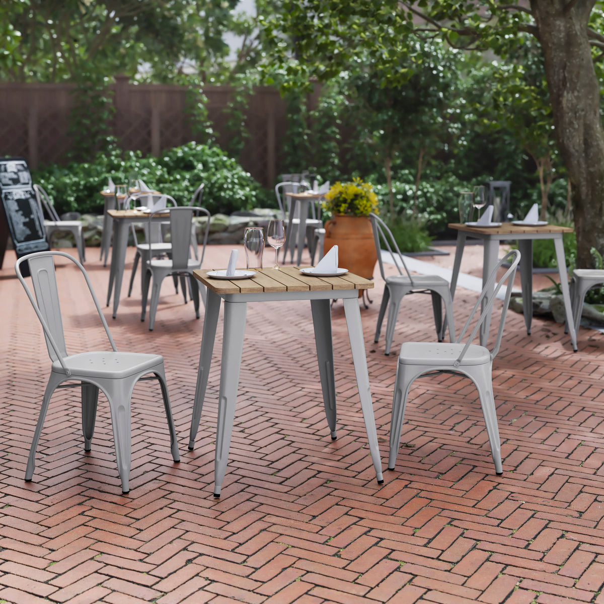 Brown Top/Silver Frame |#| 23.75" SQ Commercial Poly Resin Restaurant Table with Steel Frame-Brown/Silver