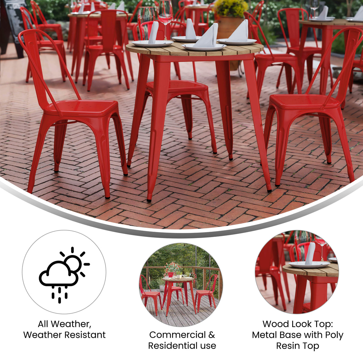 Brown Top/Red Frame |#| 30" RD Commercial Poly Resin Restaurant Table with Steel Frame-Brown/Red
