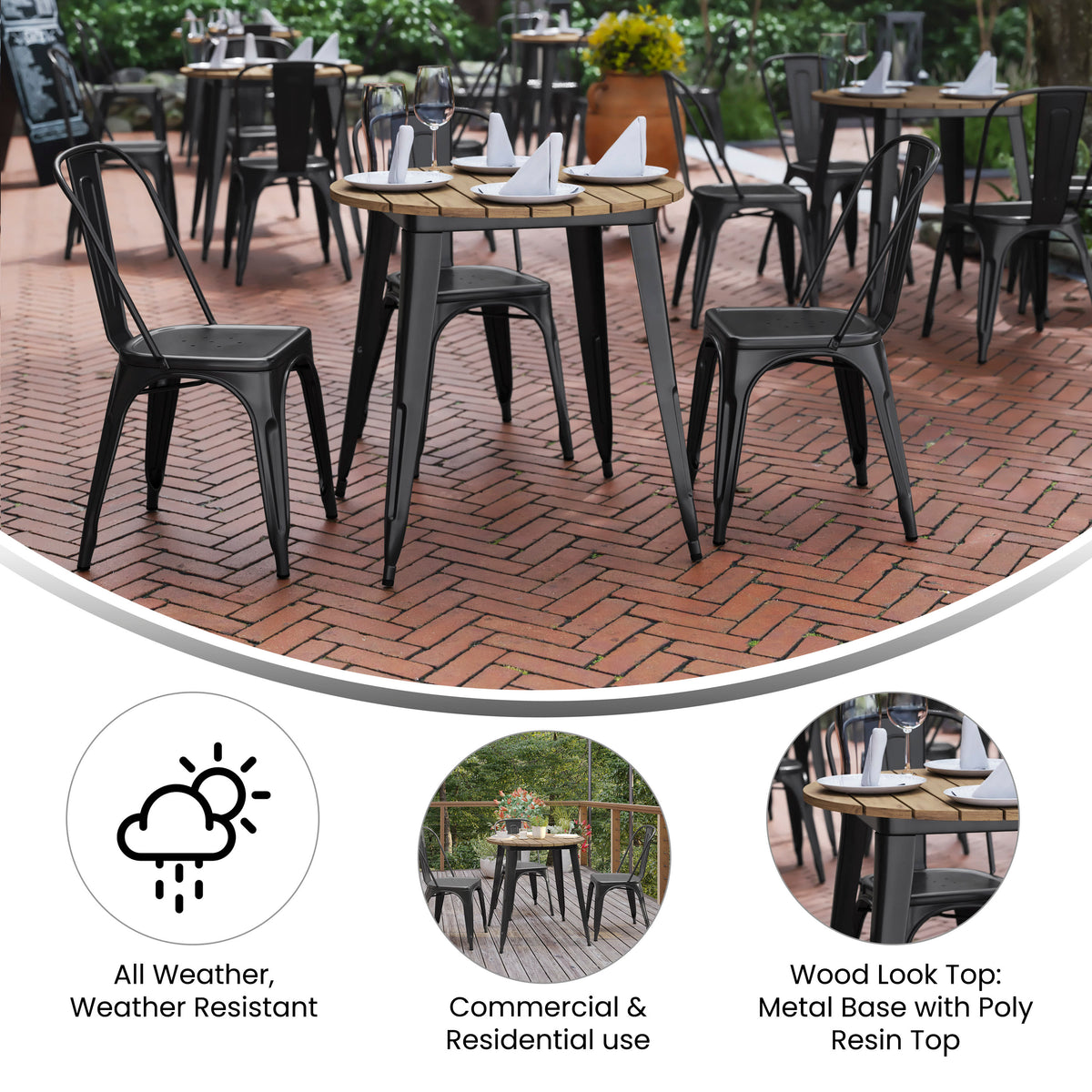 Brown Top/Black Frame |#| 30" RD Commercial Poly Resin Restaurant Table with Steel Frame-Brown/Black