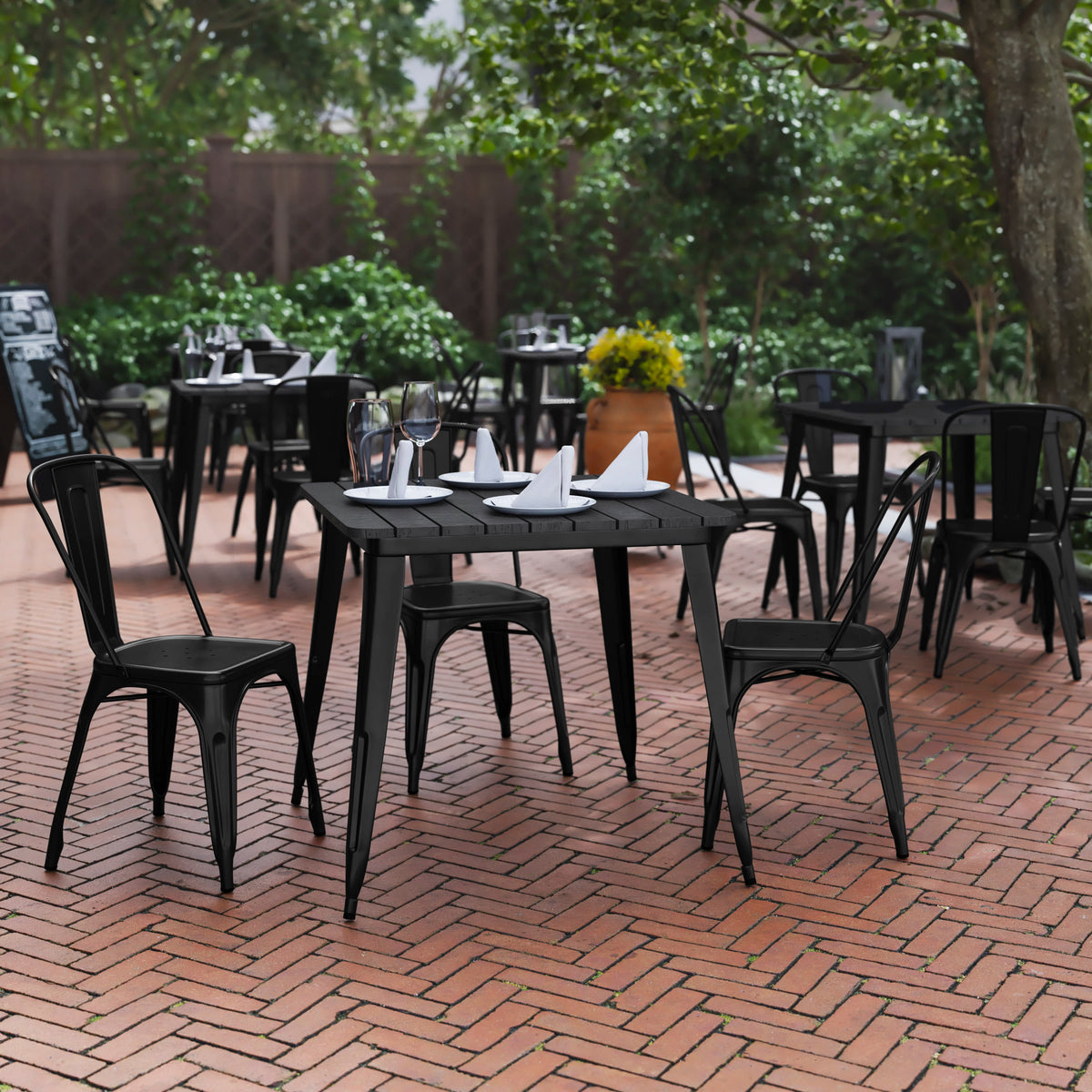 Black Top/Black Frame |#| 31.5" SQ Commercial Poly Resin Restaurant Table with Steel Frame-Black/Black