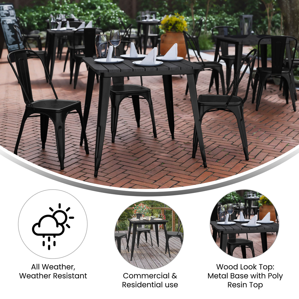 Black Top/Black Frame |#| 31.5" SQ Commercial Poly Resin Restaurant Table with Steel Frame-Black/Black