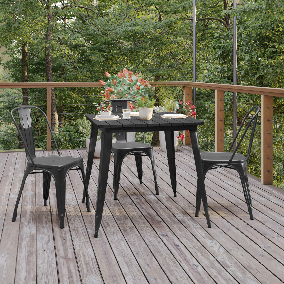 Black Top/Black Frame |#| 31.5" SQ Commercial Poly Resin Restaurant Table with Steel Frame-Black/Black