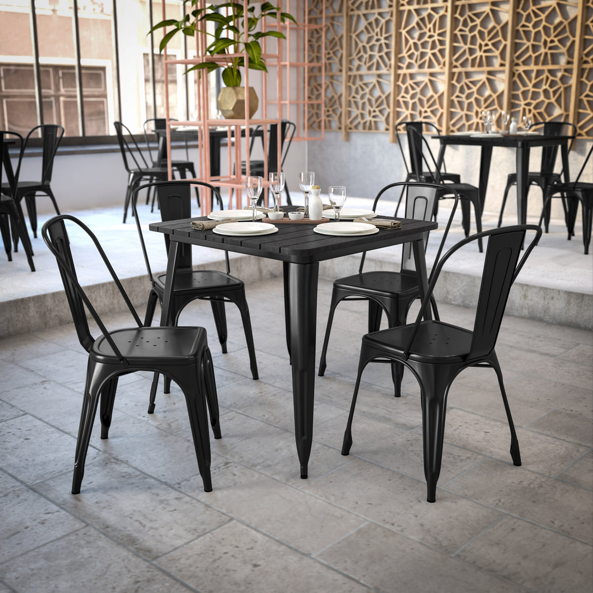 Black Top/Black Frame |#| 31.5" SQ Commercial Poly Resin Restaurant Table with Steel Frame-Black/Black