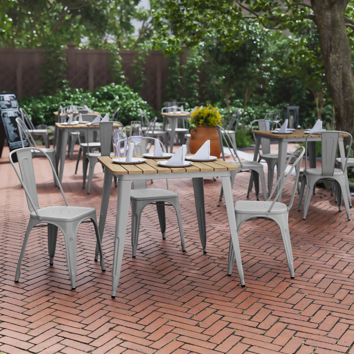 Brown Top/Silver Frame |#| 31.5" SQ Commercial Poly Resin Restaurant Table with Steel Frame-Brown/Silver