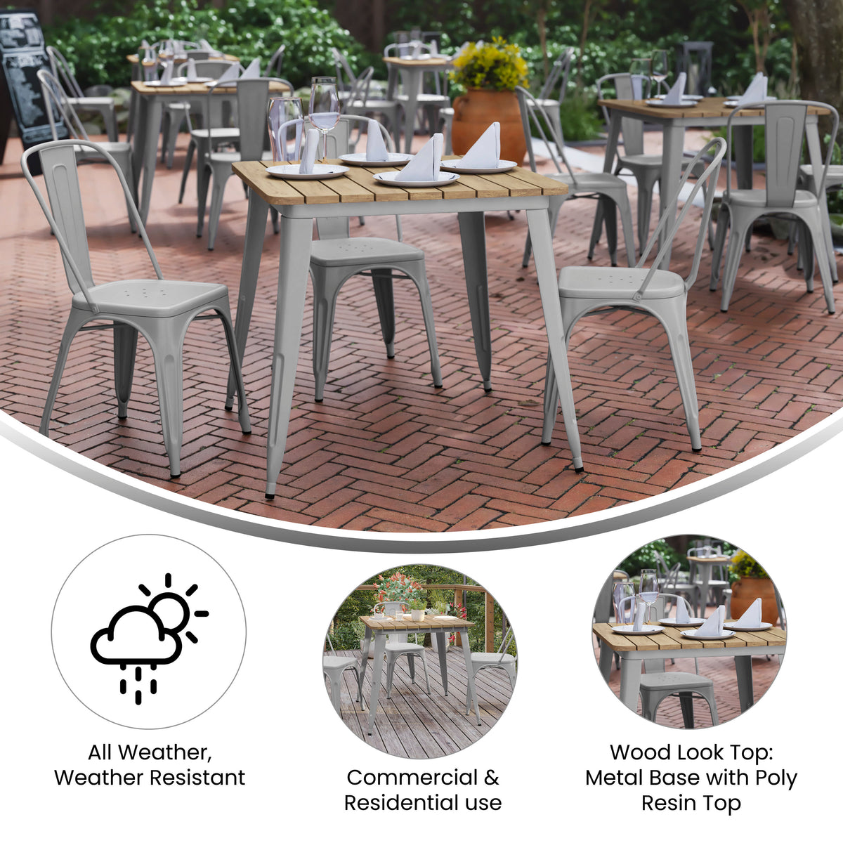 Brown Top/Silver Frame |#| 31.5" SQ Commercial Poly Resin Restaurant Table with Steel Frame-Brown/Silver