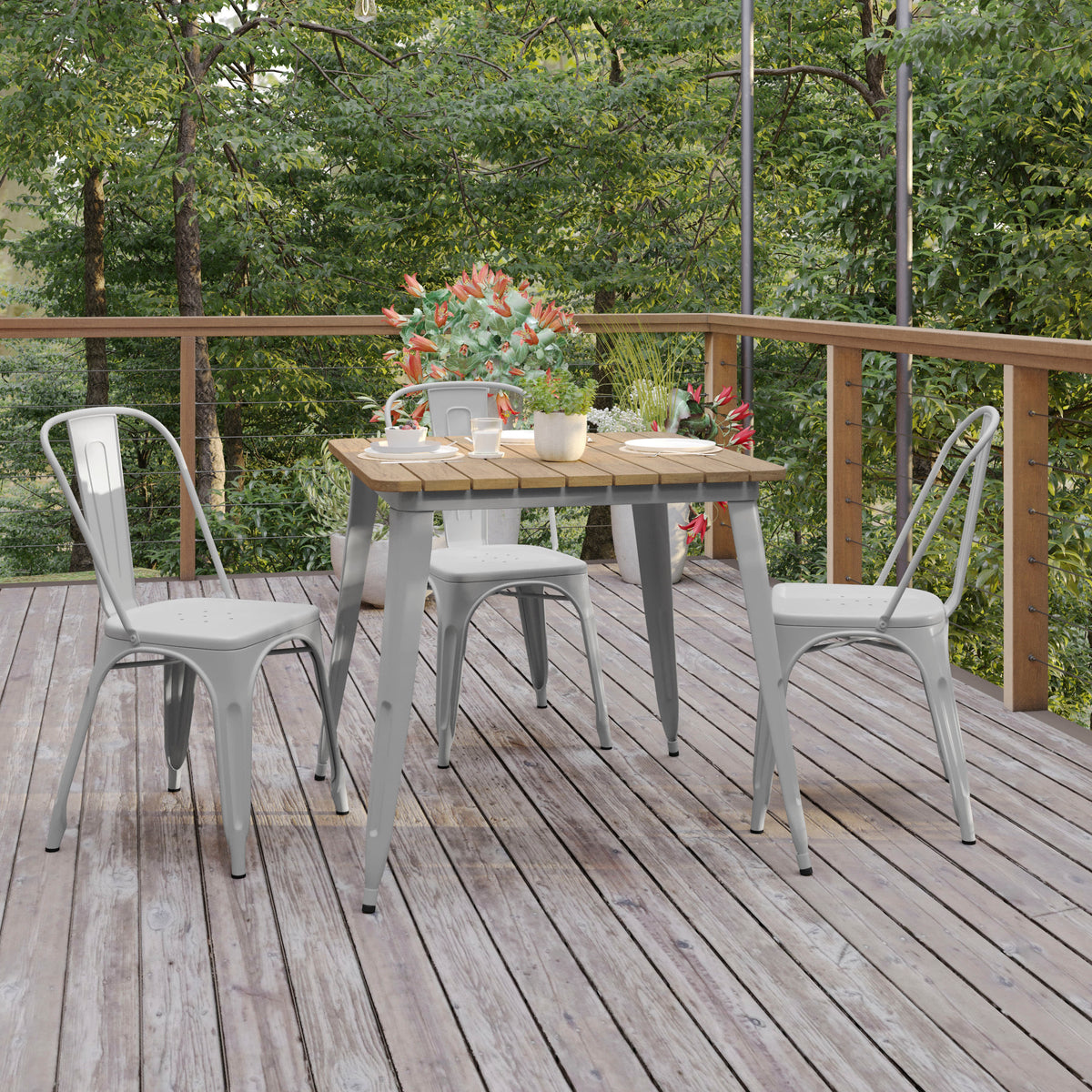 Brown Top/Silver Frame |#| 31.5" SQ Commercial Poly Resin Restaurant Table with Steel Frame-Brown/Silver