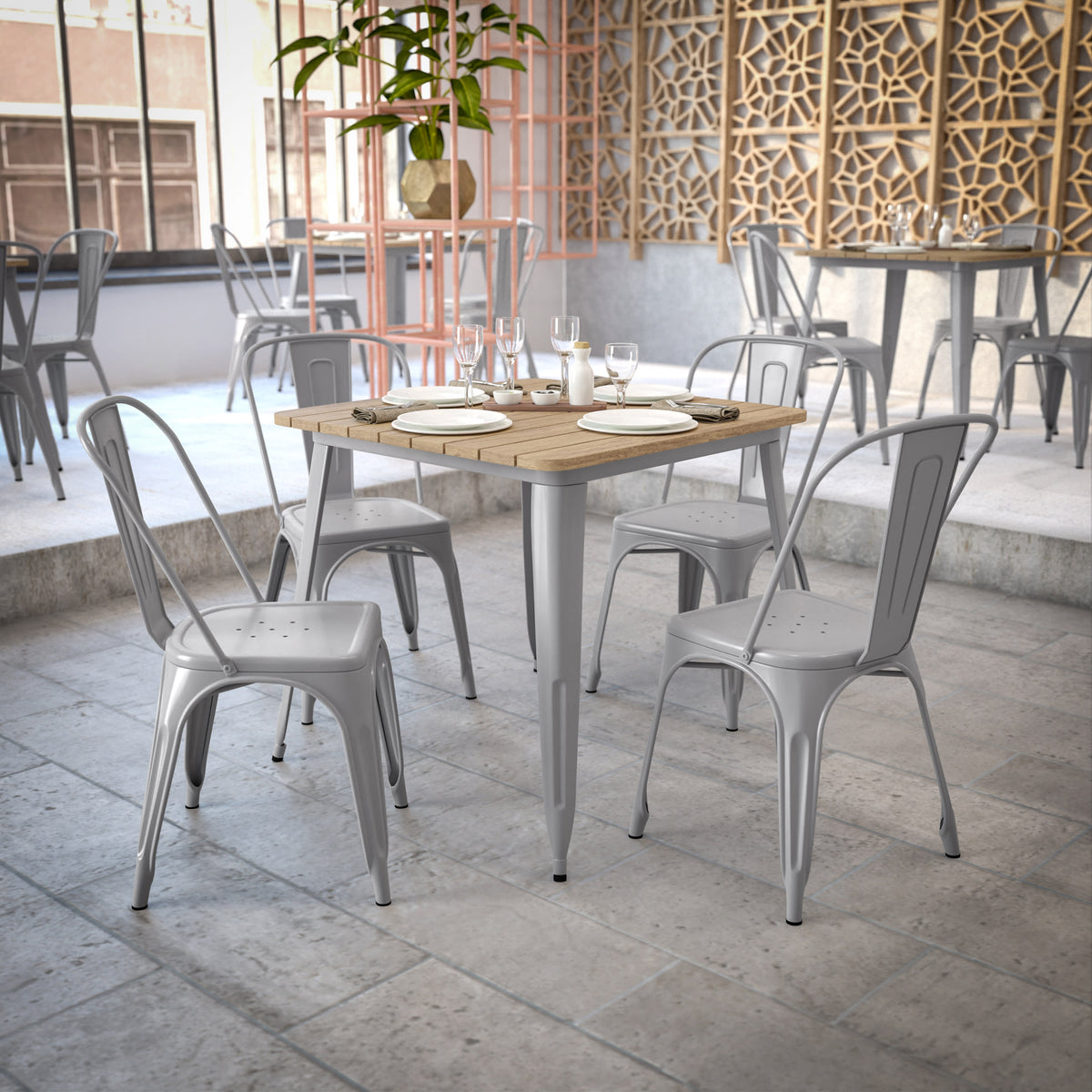 Brown Top/Silver Frame |#| 31.5" SQ Commercial Poly Resin Restaurant Table with Steel Frame-Brown/Silver